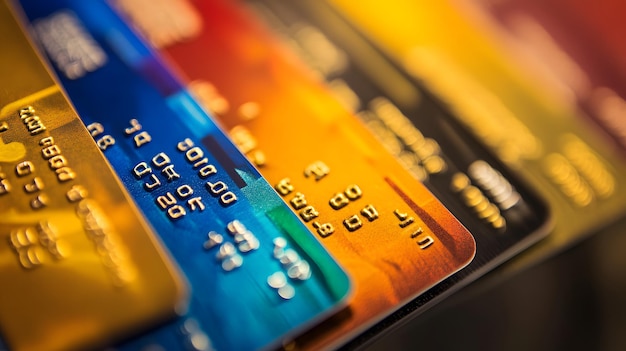 Closeup of Colorful Credit Cards with Gold Numbers