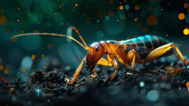 A closeup of a colorful cricket on a dark background