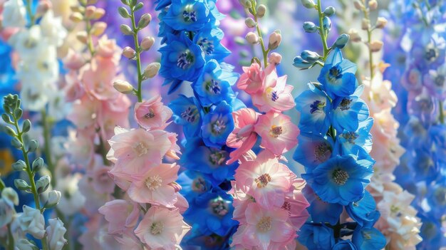 Photo closeup of colorful delphinium flowers in a field