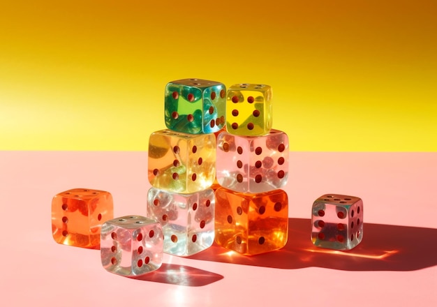 Photo closeup of colorful dice arranged over pink background with shadows