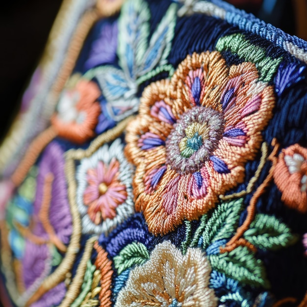 Closeup of colorful embroidered flowers on a dark blue fabric