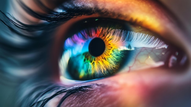 Photo closeup of a colorful eye with vibrant iris and lashes macro photography visual perception concept