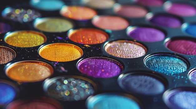 Closeup of a colorful eyeshadow palette with shimmery glittery textures