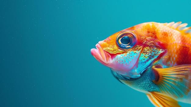 A closeup of a colorful fish swimming in blue water