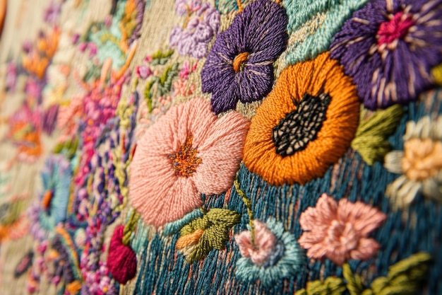 Closeup of a Colorful Floral Embroidery Pattern