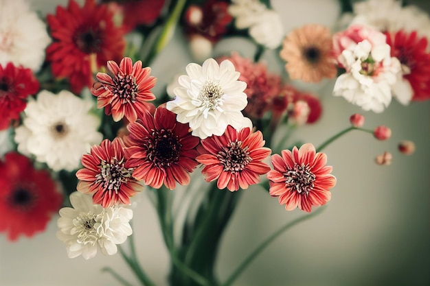 Closeup of colorful flowers floating on white background