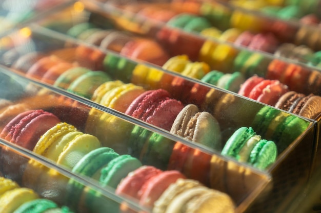 Closeup of colorful french macaron in showcase