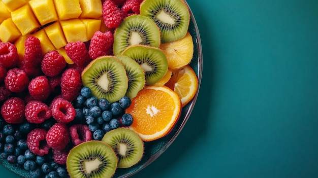 Photo closeup colorful fruit platter with kiwis oranges and raspberries