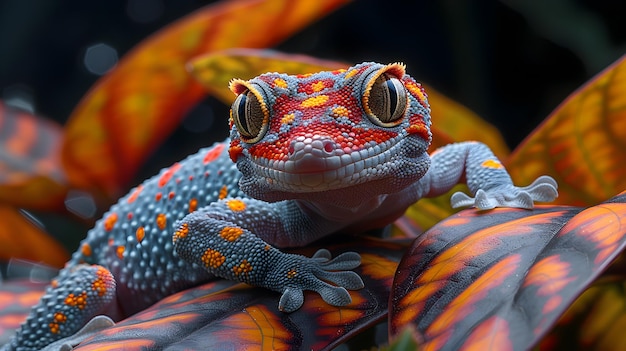 CloseUp of a Colorful Gecko on Vibrant Leaves in a Tropical Environment