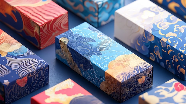 A closeup of colorful gift boxes with intricate patterns The boxes are arranged in a random