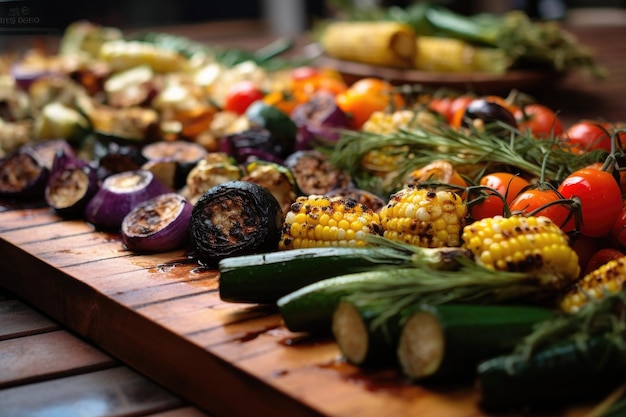 Closeup of colorful grilled vegetables on cedar plank created with generative ai