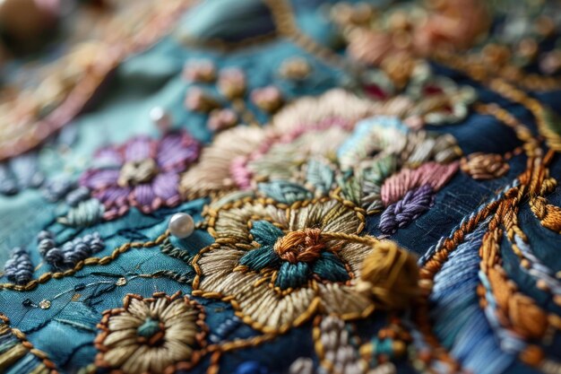 Photo closeup of colorful handstitched embroidery with intricate floral pattern