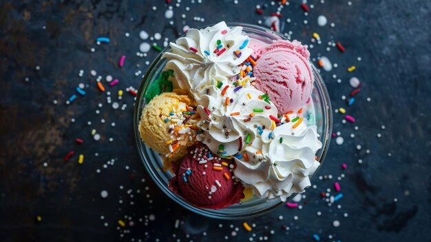 Photo closeup of colorful ice cream sundae with sprinkles and whipped cream