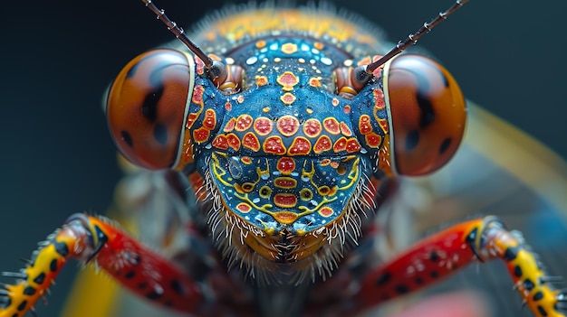 Photo a closeup of a colorful insect with large orange eyes and a patterned body