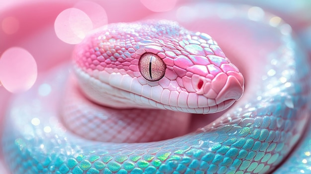 Photo closeup of colorful iridescent snake in dreamy pastel light bokeh