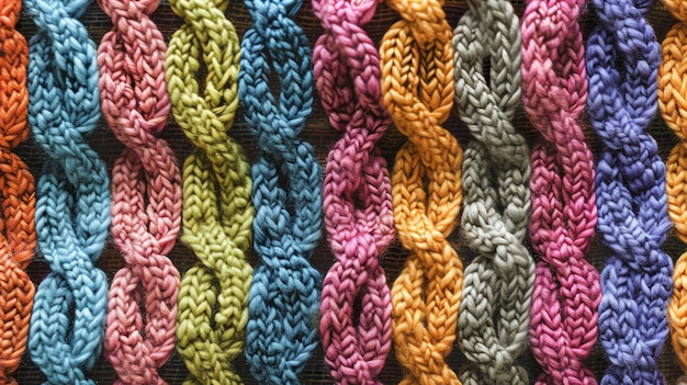 Closeup of a colorful knitted fabric with a cable knit pattern