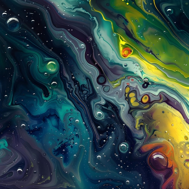 Closeup of a colorful liquid painting with bubbles and dots by generative AI