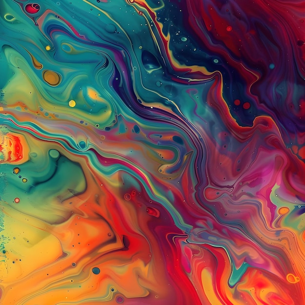 Closeup of a colorful liquid painting with bubbles and dots by generative AI