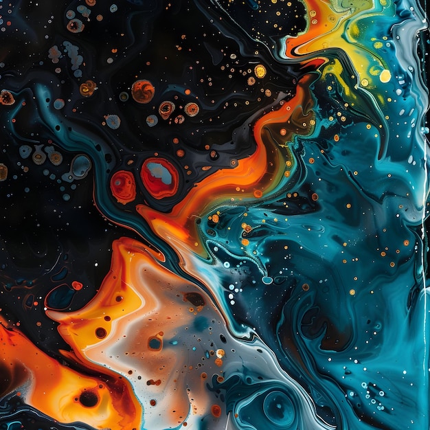 Closeup of a colorful liquid painting with bubbles and dots by generative AI