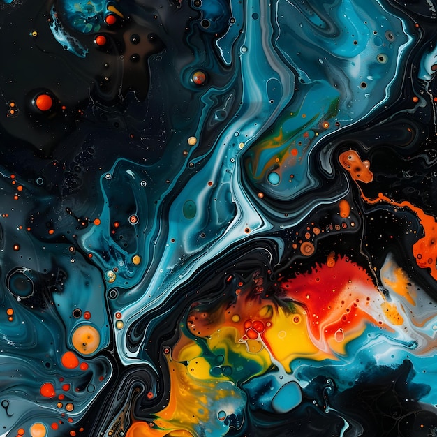 Closeup of a colorful liquid painting with bubbles and dots by generative AI