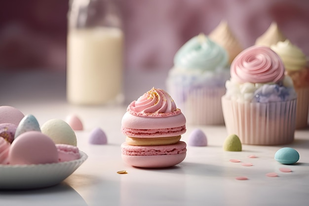 Closeup of colorful macarons and cupcakes on the table AI generated