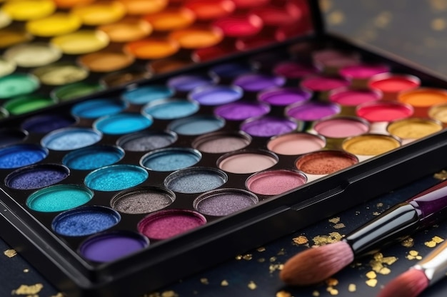 Closeup of colorful makeup palette with matching brushes created with generative ai