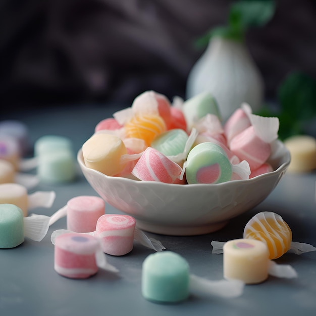 Closeup of colorful marshmallow in a bowl on the table AI generated