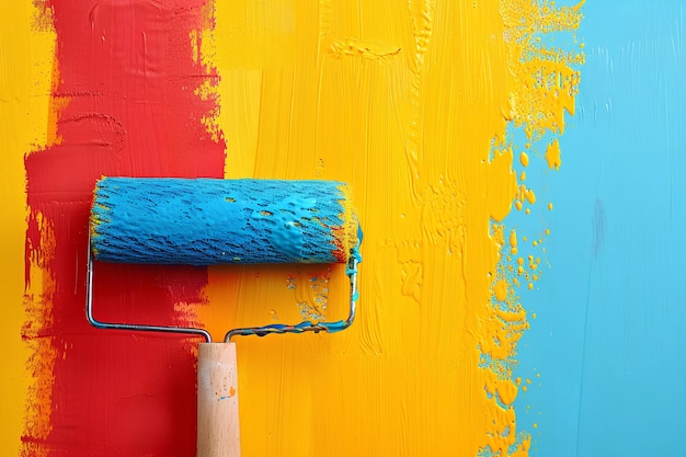 Photo closeup colorful paint roller applies yellow and blue paint on multicolored wall creating vibrant