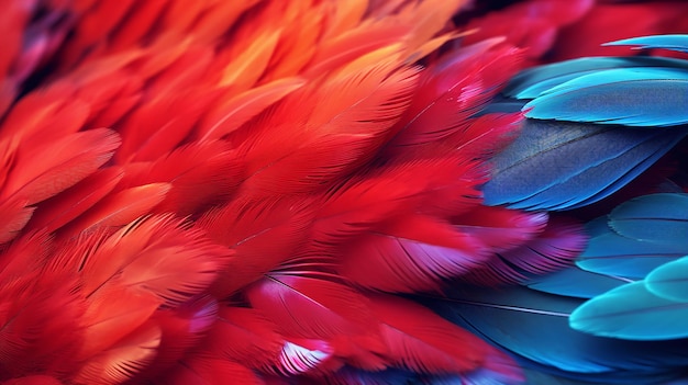 CloseUp of a Colorful Parrot Red and Blue Parrot Feathers