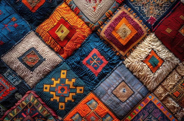 Closeup of a colorful patchwork carpet with intricate patterns and textures