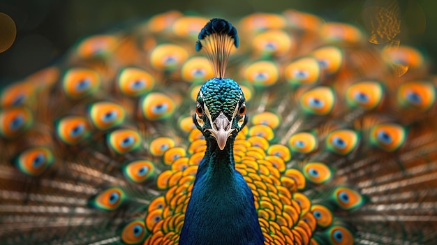 Closeup colorful peacock stands with beautiful feathers