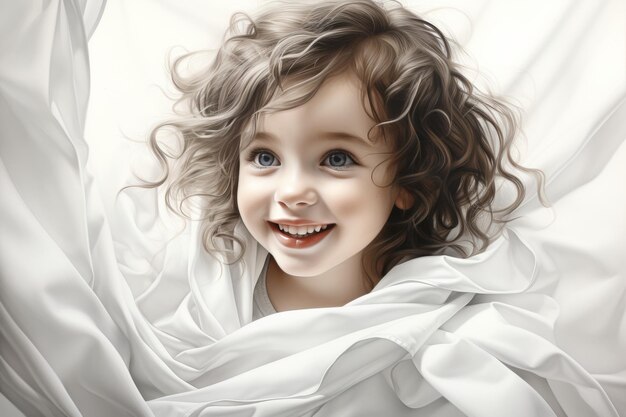 Closeup colorful pencil drawing of a cute baby with a heartwarming smile on a white sheet of paper