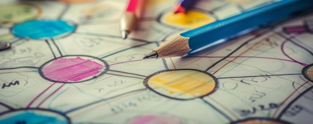 Photo closeup of colorful pencils on a handdrawn mind map illustrating brainstorming and creative thinking