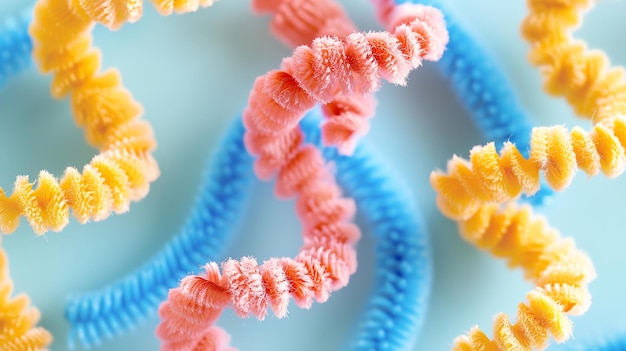 Closeup of colorful pipe cleaners in yellow blue and pink