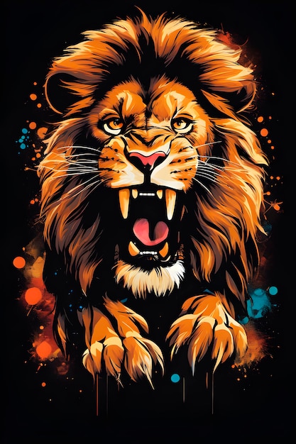 closeup colorful portrait of a lion in paints print tshirt design black background