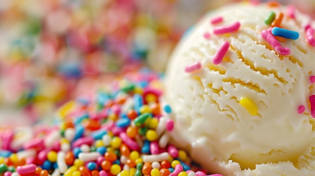 Closeup of colorful rainbow sprinkles scattered over a scoop of ice cream adding a delightful burst of color and flavor to the dessert