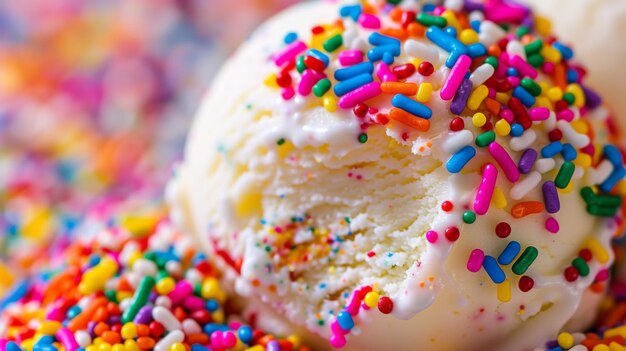 Closeup of colorful rainbow sprinkles scattered over a scoop of ice cream adding a delightful burst of color and flavor to the dessert