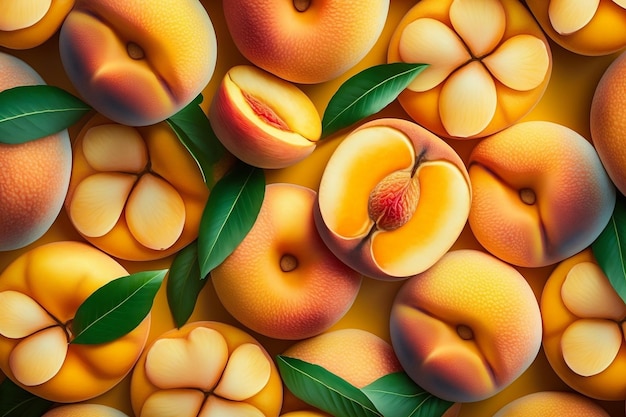 Closeup of Colorful Seamless Texture Pattern of Fresh Peaches Background Generative AI