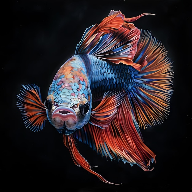 Closeup of a colorful Siamese fighting fish with a beautiful wavy tail on a soft black background