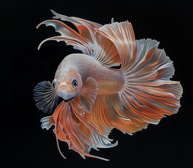 Closeup of a colorful Siamese fighting fish with a beautiful wavy tail on a soft black background