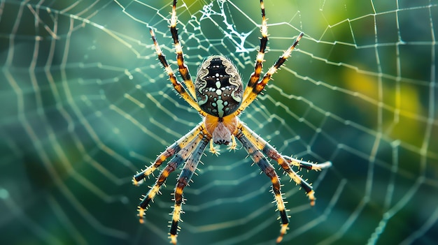 A closeup of a colorful spider on its web The spider is in focus while the web is blurred in the background