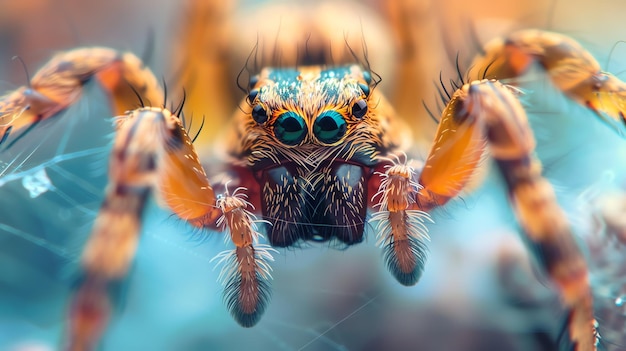 A closeup of a colorful spider with bluegreen eyes The spider is sitting on a web and is looking at the camera