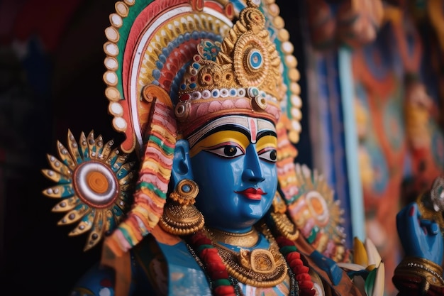 Closeup of colorful statue of hindu deity in temple created with generative ai