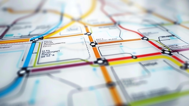 Photo closeup of a colorful subway map showing multiple lines and stations