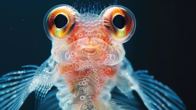 Closeup of colorful translucent blenny fish with large eyes against dark blue background