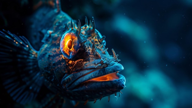 Photo a closeup of a colorful and unique fish with bright orange eyes and blue and purple scales