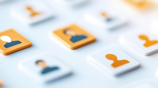 Photo closeup of colorful user profile icons arranged on a light background depicting diverse individuals in a digital interface