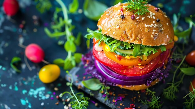 Closeup of a colorful vegan burger with fresh vegetables served on a rustic table