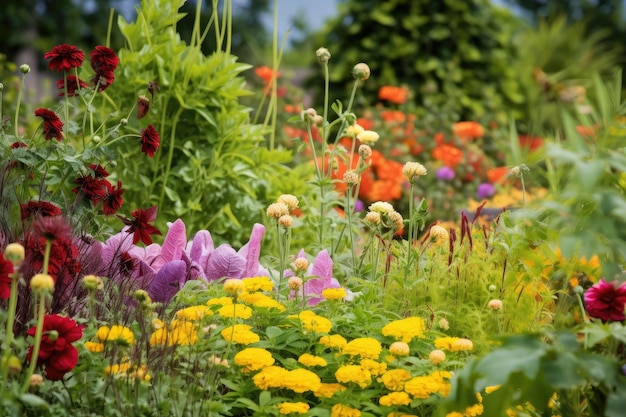 Closeup of colorful vegetable garden with herbs and flowers in the background