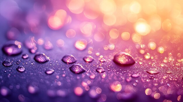 Closeup of colorful water droplets on a vibrant gradient background with bokeh effects